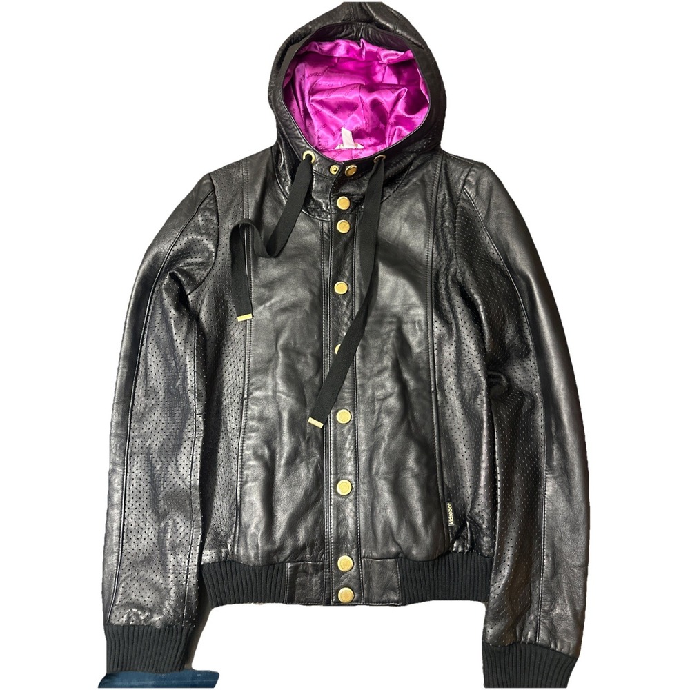 Kidrobot Limited 10/96 Black Leather Hooded Jacket Women XS Rare Pink Lining